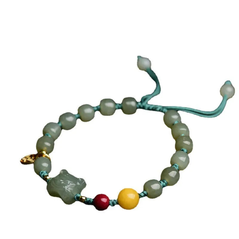 Natural Hetian Jade bracelet with cinnabar beads, beeswax elements and animal zodiac modelling