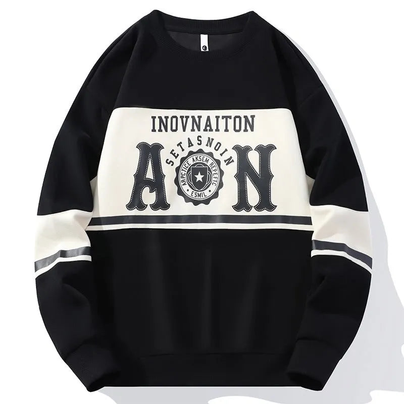 Men's fashion print crew neck sweatshirt in polyester, available in black, beige, green, and coffee colours, sizes M to 4XL