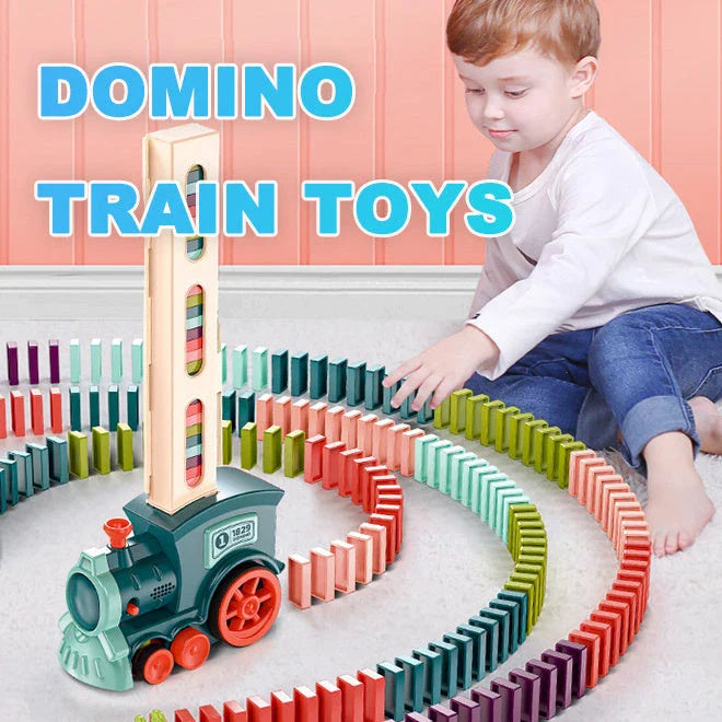 Domino train toy with automatic release feature for creative play