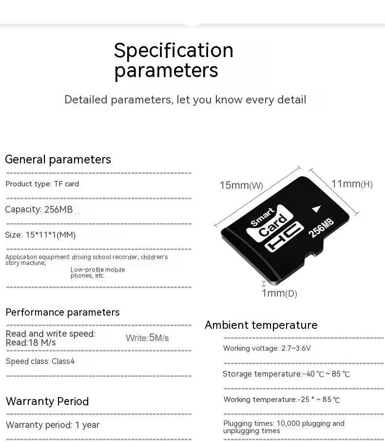 Close-up of a 256MB TF memory card with integrated mini speaker, showing its compact 11x15x1mm dimensions.