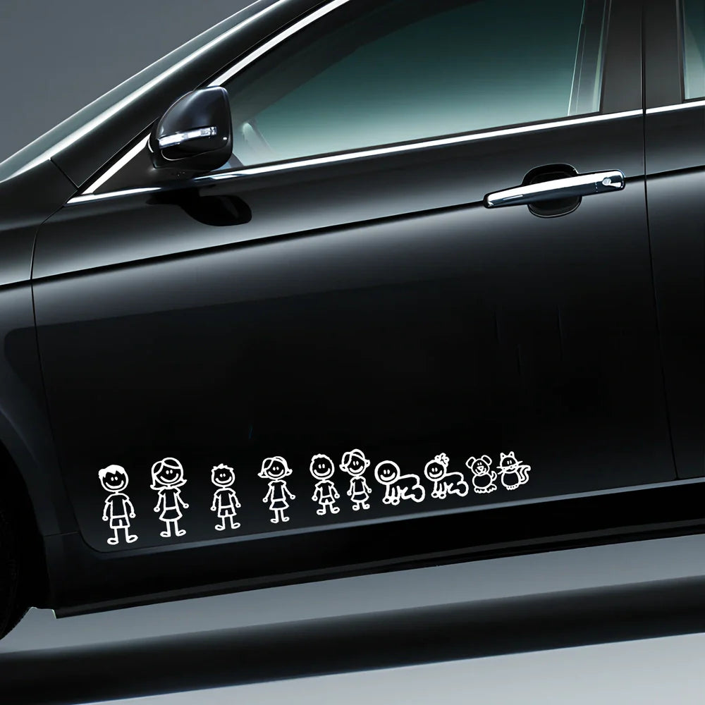 Big family cartoon car sticker measuring 38.3cm wide with black, white and laser colour options