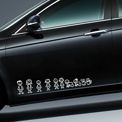 Big family cartoon car sticker measuring 38.3cm wide with black, white and laser colour options