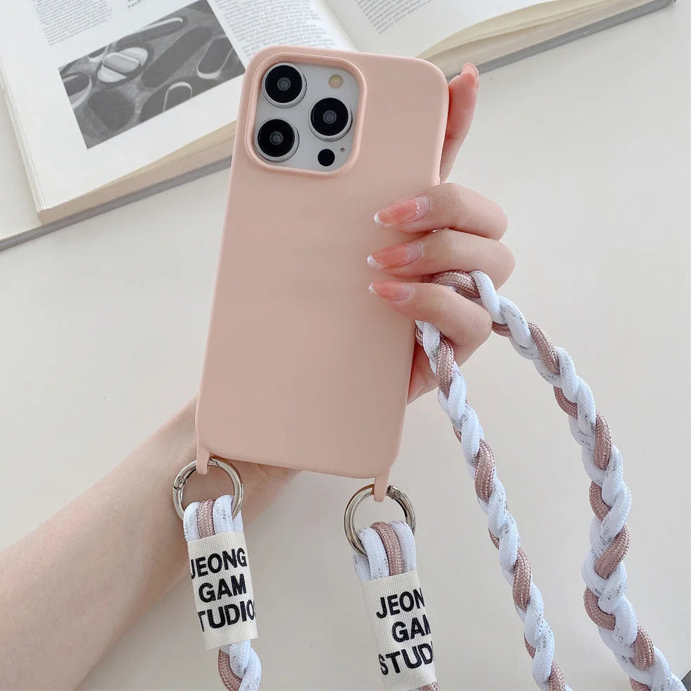 Woven fabric silicone phone case with cross-body lanyard in pink, purple, or antique white colours
