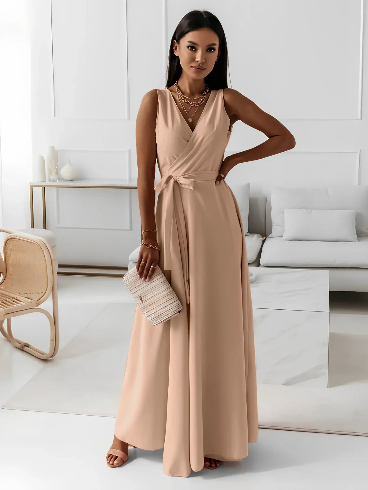 Women’s V-neck sleeveless maxi dress in navy blue with mid-waist belt, polyester fabric, length 144cm size M for party wear