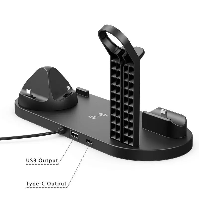 15W wireless charging stand holding phone, Apple Watch and AirPods in black finish