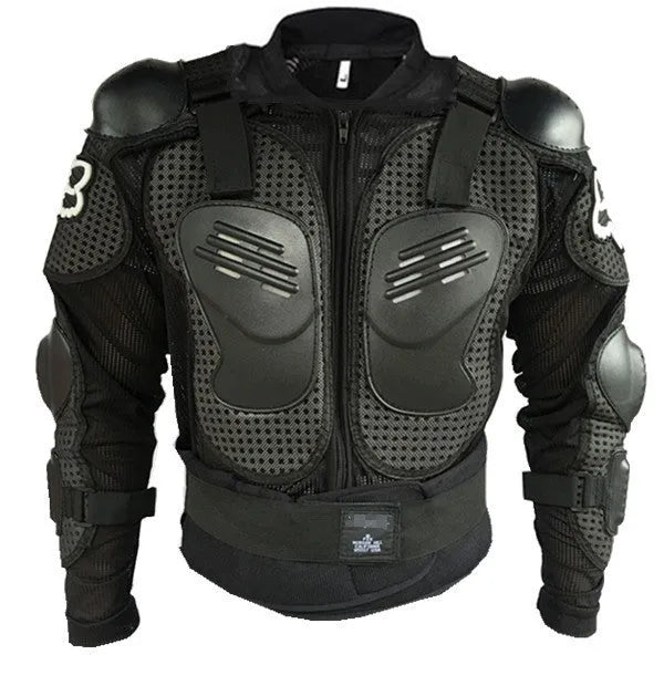 Black plastic armour jacket for motorcycle fall protection, available in multiple sizes M to 4XL