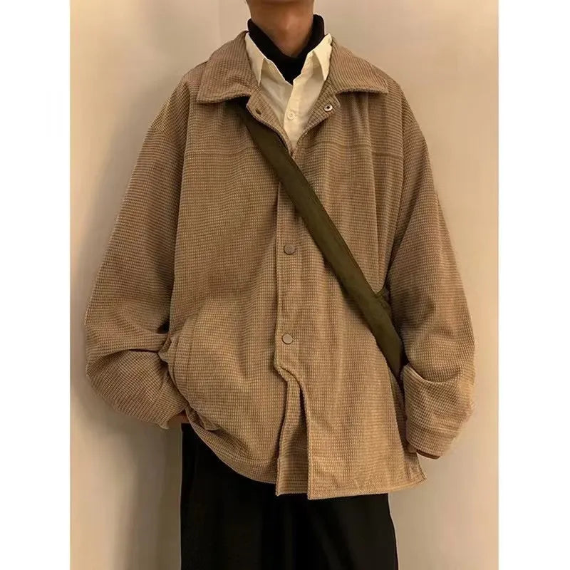 Men's thick corduroy bread coat in khaki, loose cardigan fit with patch pocket on front