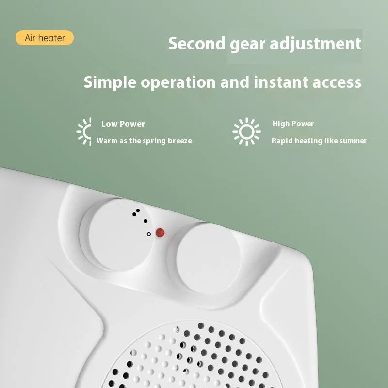 White compact desktop electric heater with ceramic heating element showing front ventilation grille