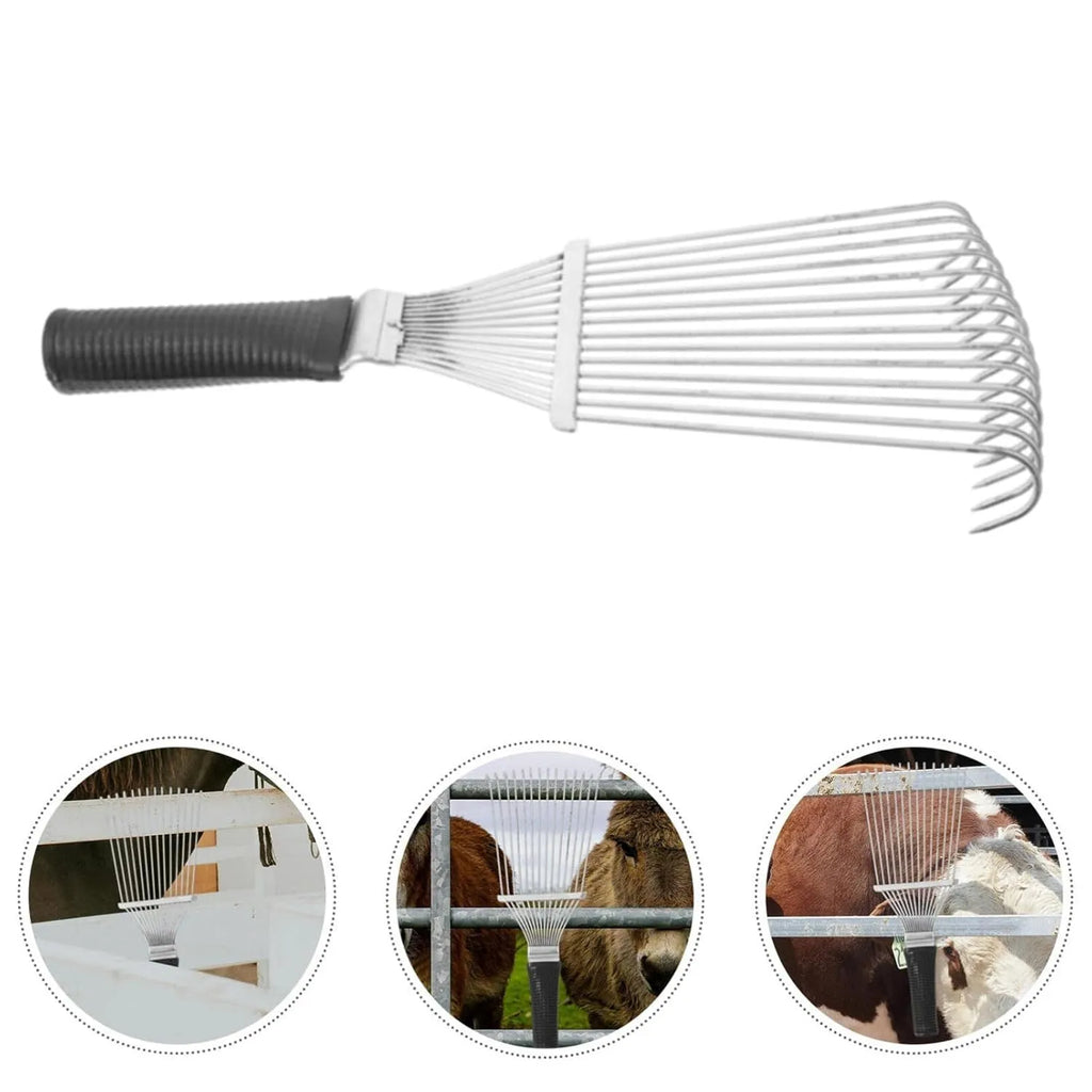 Black stainless steel pet grooming rake comb for dog undercoat and horse hair removal.