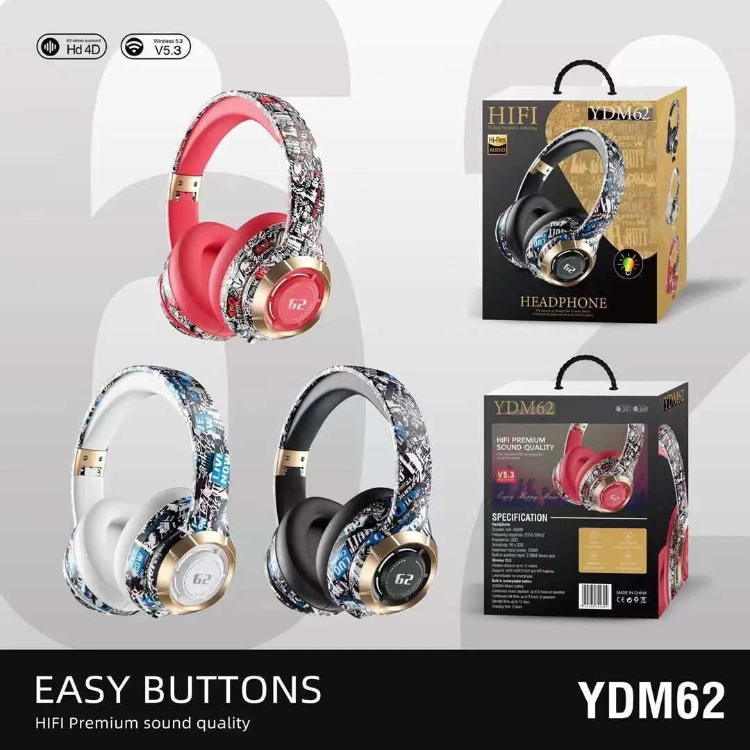Bluetooth headphone head-mounted skull graffiti design in black with over-ear fit and ABS build