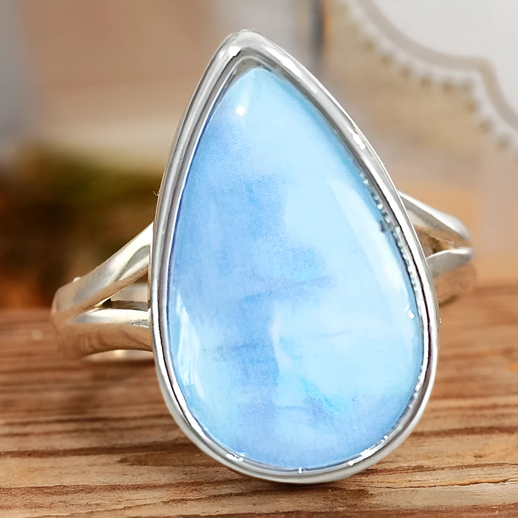 Blue water drop geometric copper ring for women with electroplated A077 White Gold finish