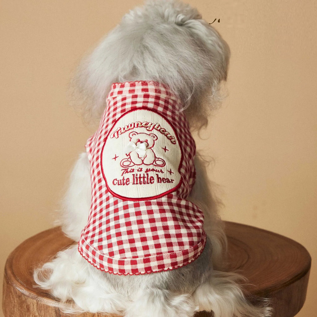 Red plaid sleeveless cotton spandex vest for small dogs on white background