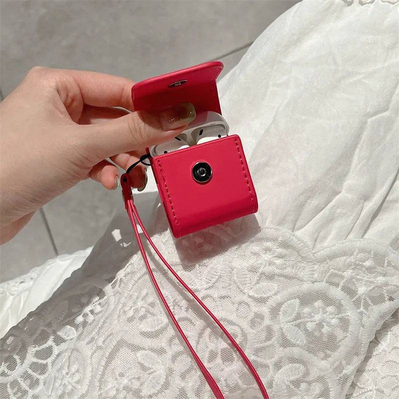 Rose red TPU earphone case with leather lanyard for AirPods, embossed cartoon pattern