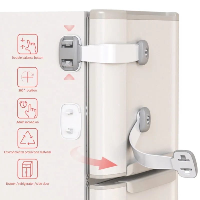 Adjustable child safety lock with strap shown securing a cabinet door using 3M adhesive