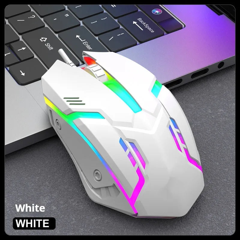 Black e-sports weighted wired USB gaming mouse on a desk