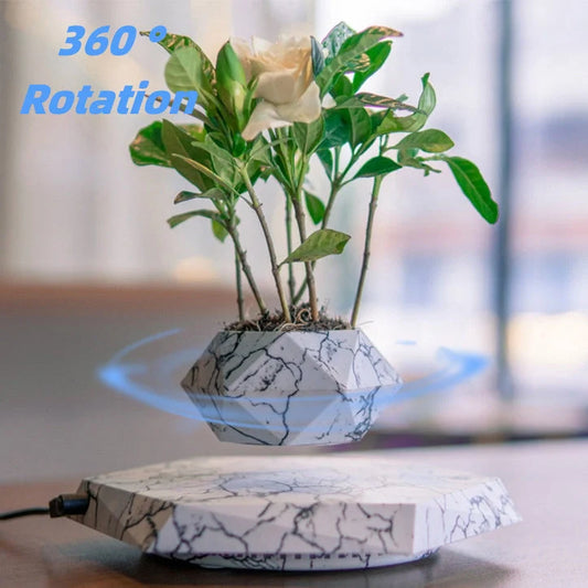 Levitating Plant Pot with marble design floating in air using magnetic technology