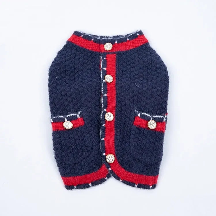 Blue wool pet cardigan with princess collar design shown on a dog model