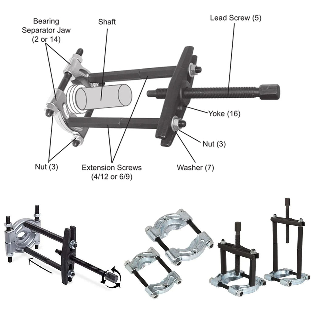 Bearing puller 12-piece set in chrome vanadium steel for auto chassis repair, size 39x31x25cm