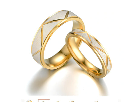 Titanium steel couple ring in 24K gold finish, 4mm and 6mm widths, stainless steel with vacuum plating for rust resistance
