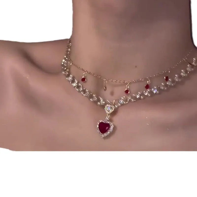 Red double layer necklace with heart pendant on adjustable alloy chain