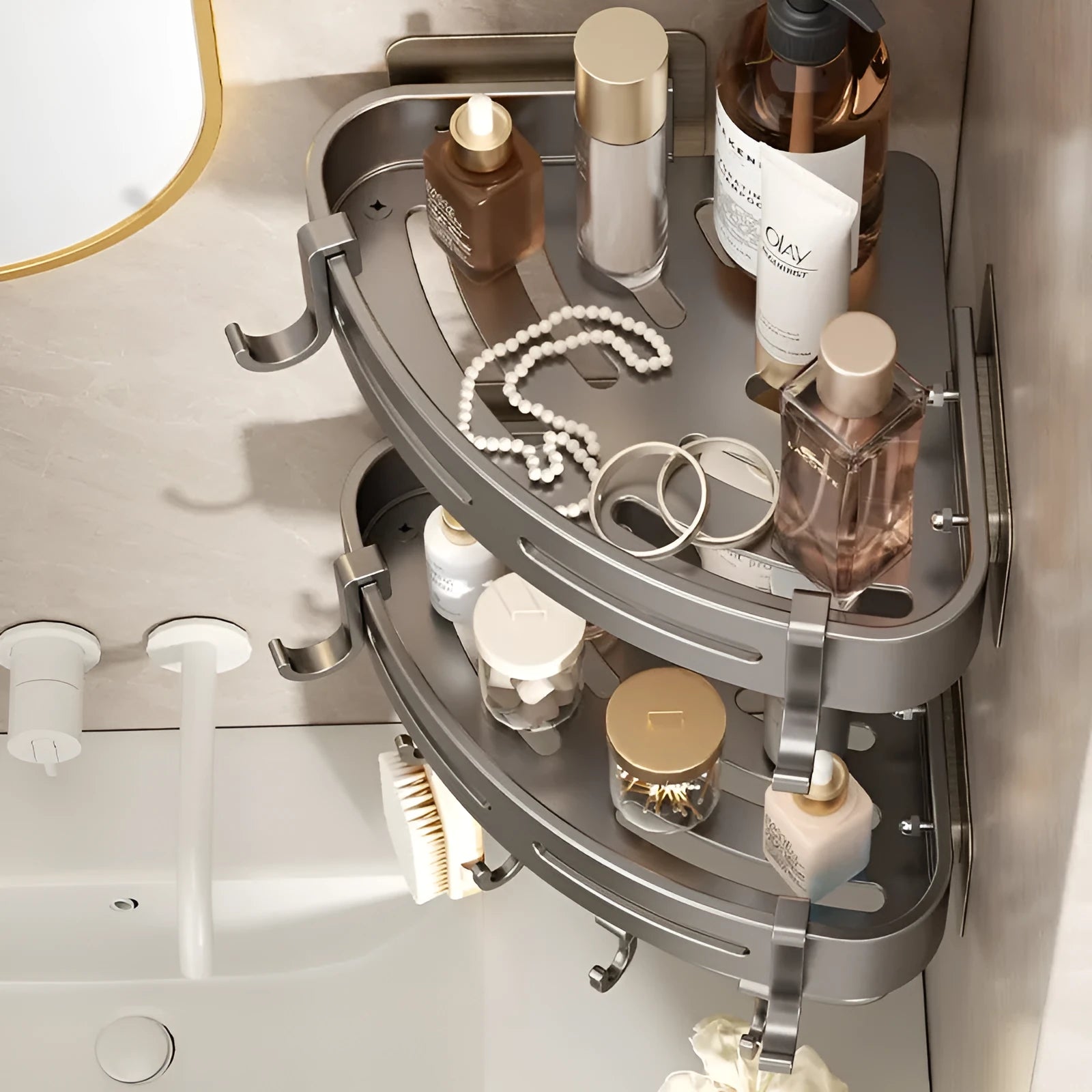 Gun gray triangle bathroom storage rack mounted in corner with punch-free installation