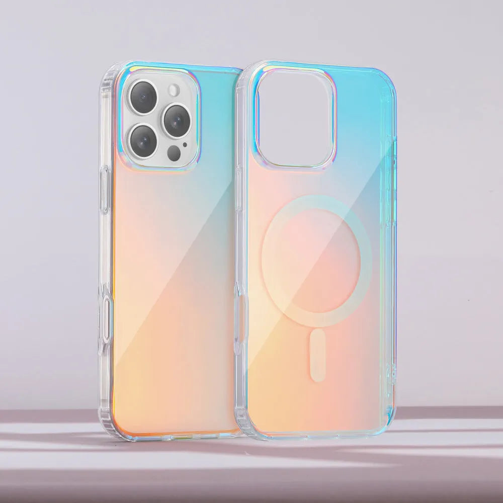 Glossy chameleon colour-changing magnetic suction case for iPhone on a white background