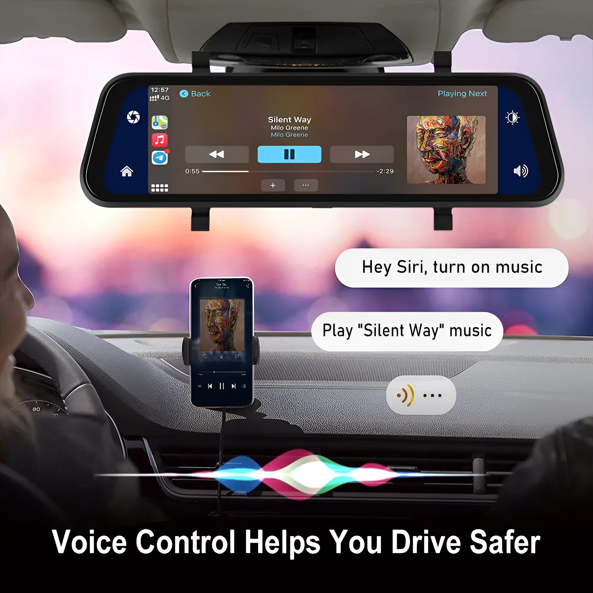9.66-inch HD driving recorder mirror with CarPlay and Android Auto on vehicle windshield