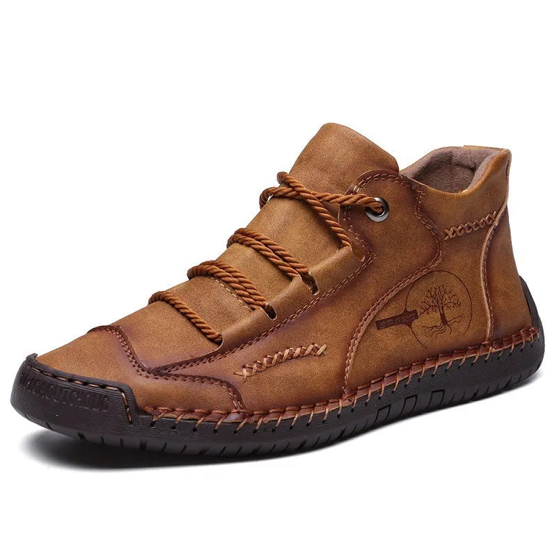 Men's brown leather high-top boots with lace-up front and flat rubber sole
