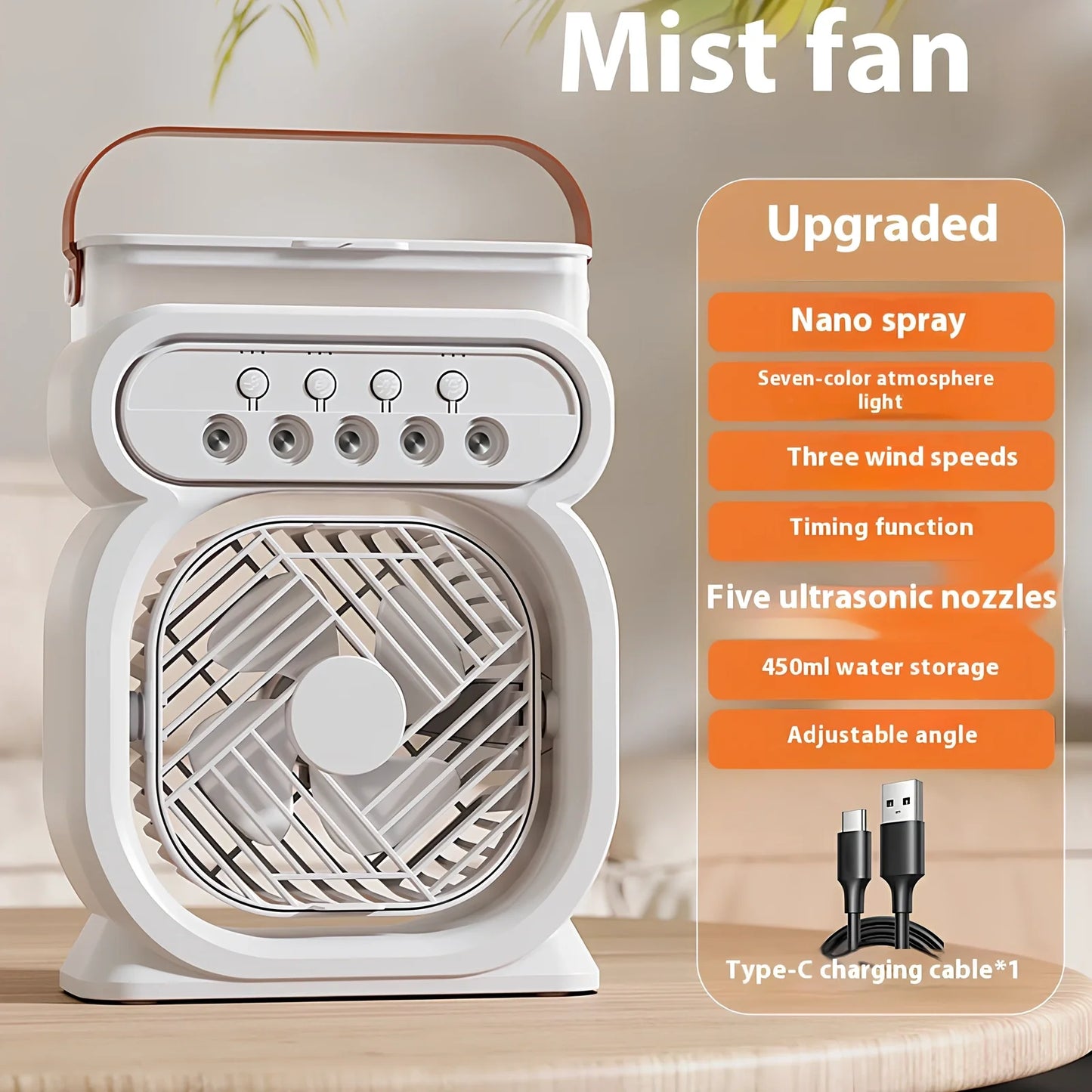 Black 3-in-1 portable USB air cooler with 7-colour LED lights, 170x75x240mm, showing water tank and speed controls