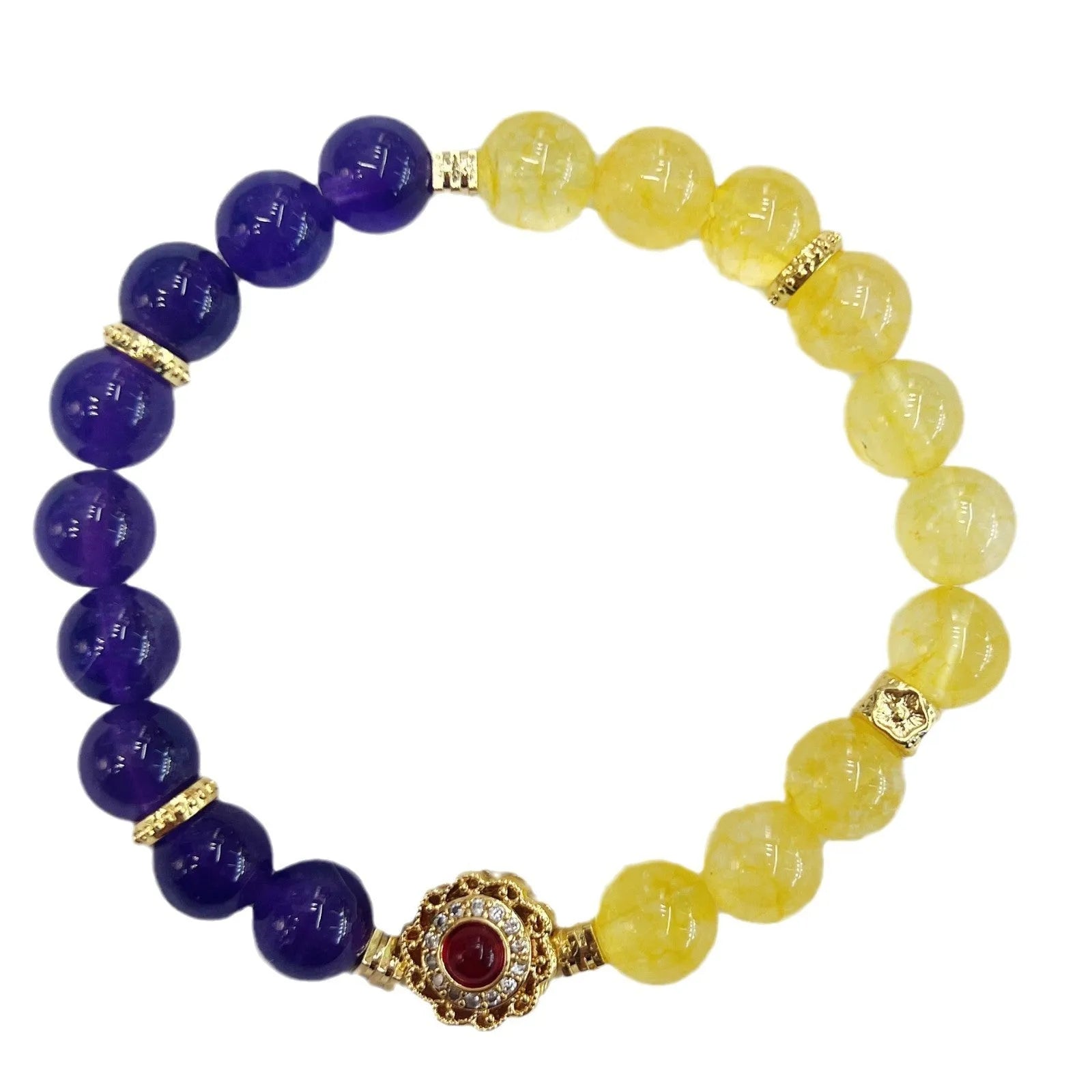 Handmade women's crystal bracelet with amethyst stones in yellow and purple colours