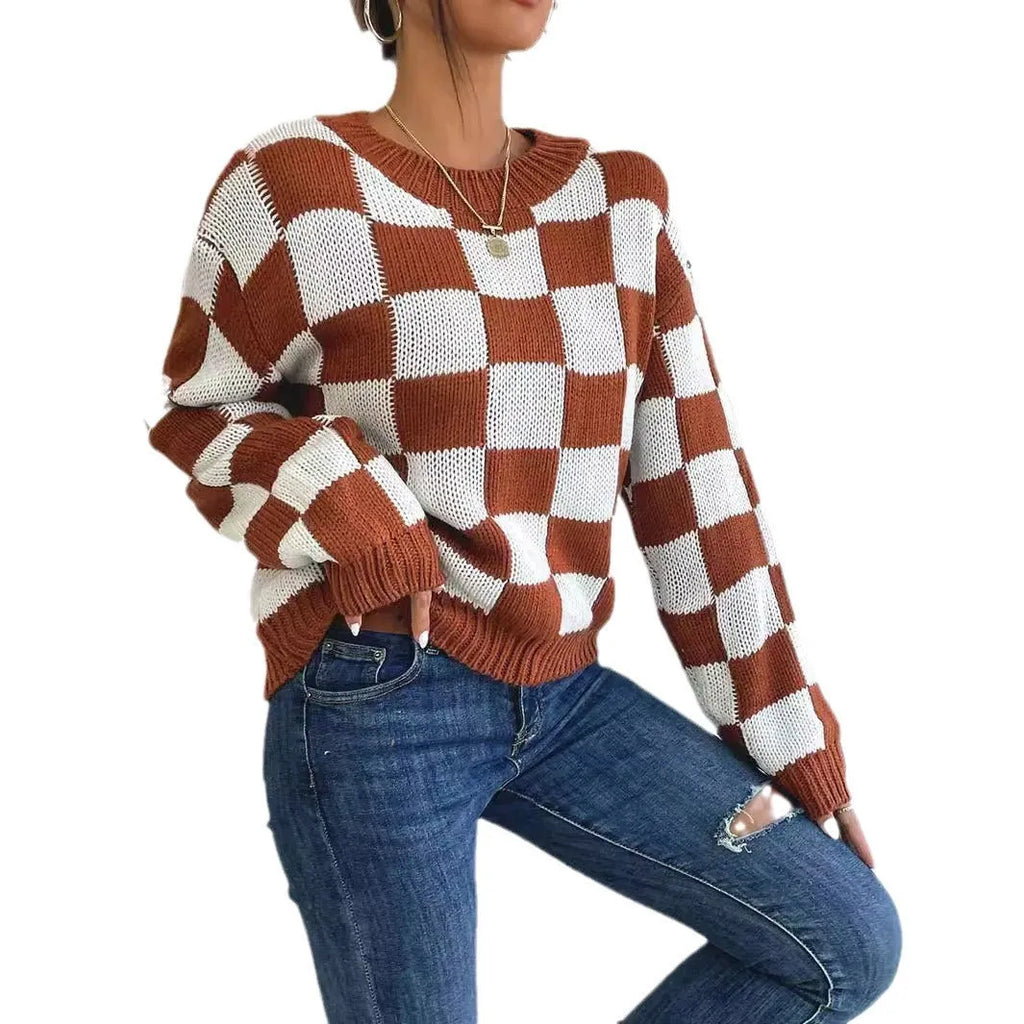Dark brown plaid pattern acrylic loose pullover sweater with long sleeves and round neck.