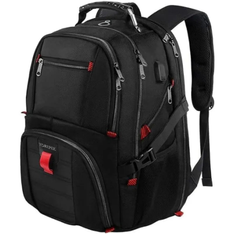 Large waterproof Oxford cloth USB backpack with curved shoulder straps in black colour