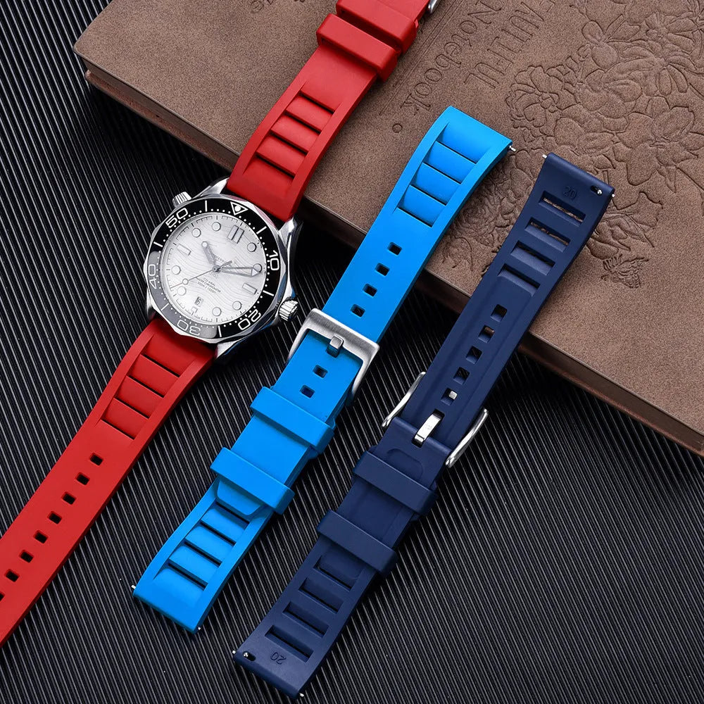 Breathable fluororubber watch strap in black, 22mm width, with wind disassembly design