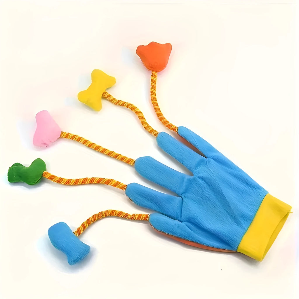 Yellow and blue plush cat play glove with bell measuring 40x11cm