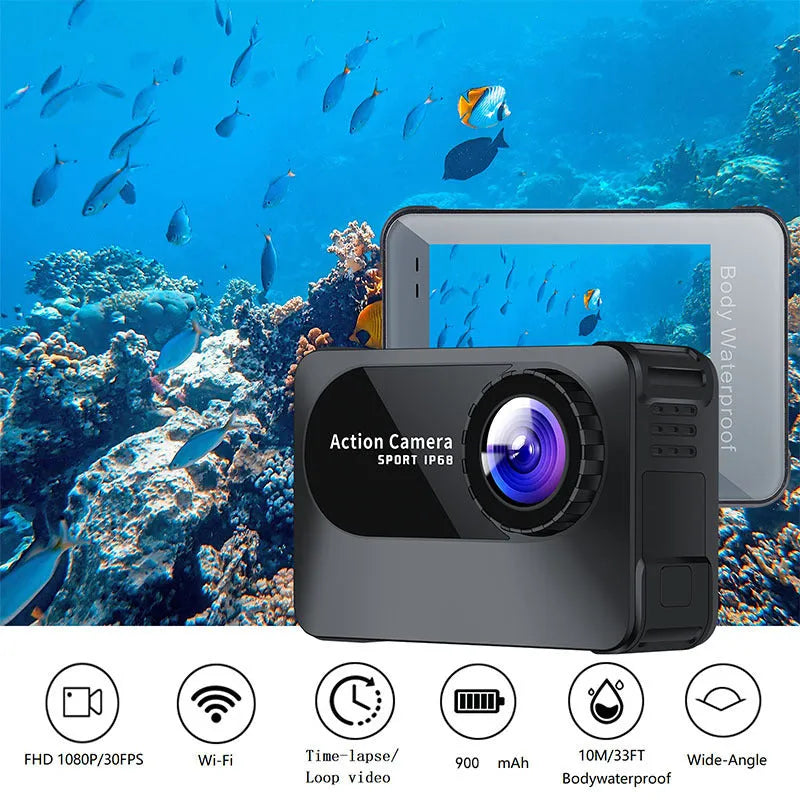 Black outdoor sports action camera tachograph with wide-angle lens, showing compact 66mm by 44mm by 31mm size.