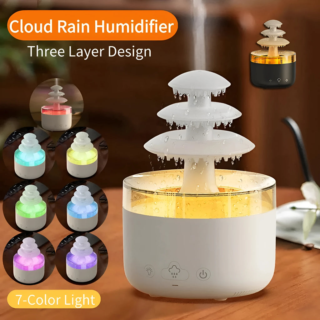 White cloud-shaped humidifier with colourful LED lights and mist output