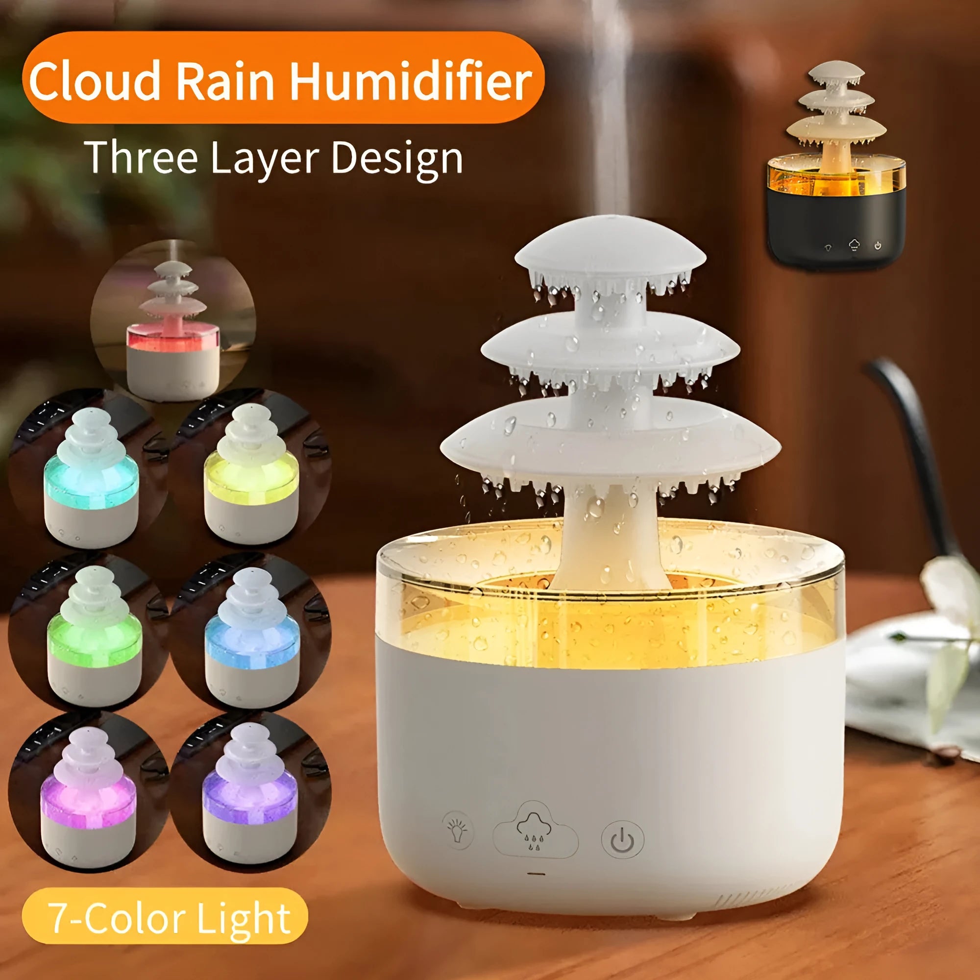 White cloud-shaped humidifier with colourful LED lights and mist output
