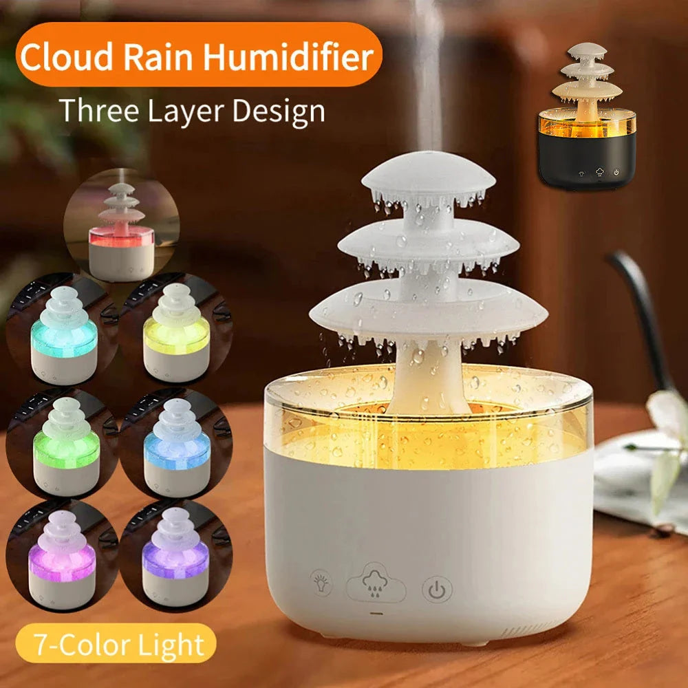 Relaxing cloud-shaped humidifier with essential oil diffuser, colorful ambient lighting, and USB power