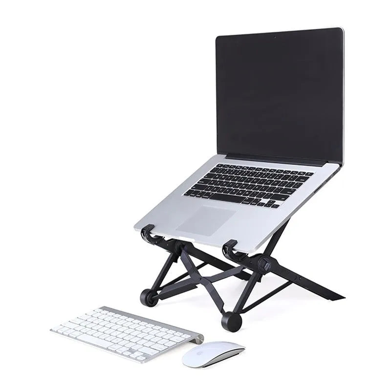 Sagacious black portable folding laptop bracket shown open and closed with its carrying case.