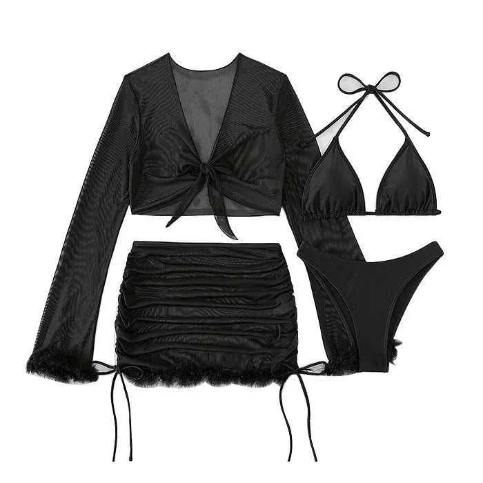 Black long-sleeve women's bikini set for swimming and beach sports