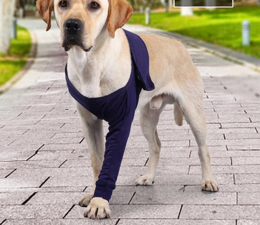 Dark blue anti-licking sleeve for dogs postoperative leg recovery