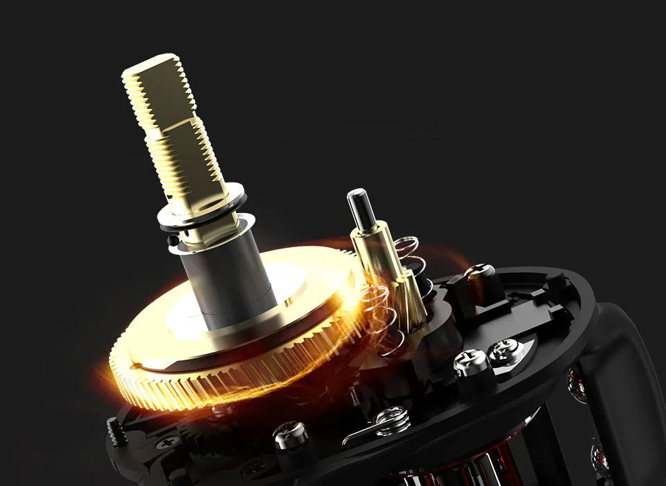 Drip wheel fishing reel with rocking wheel line guide, showing left and right-handed wheel options.