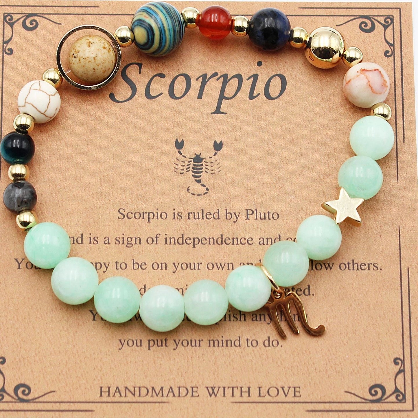 Morgan Stone beaded bracelet with twelve constellation designs, showcasing personalised zodiac signs.