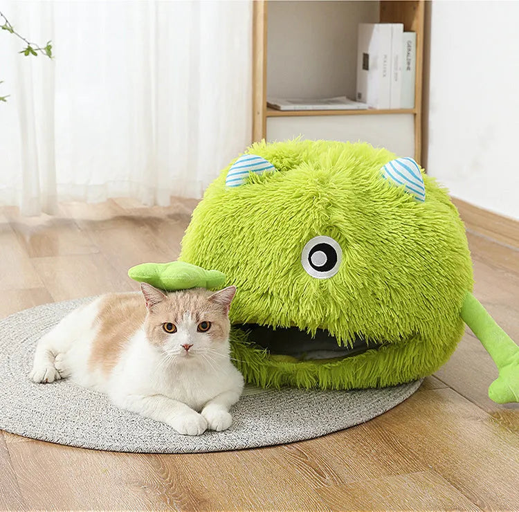 Fluffy round plush cat bed with non-slip base shown in three size options