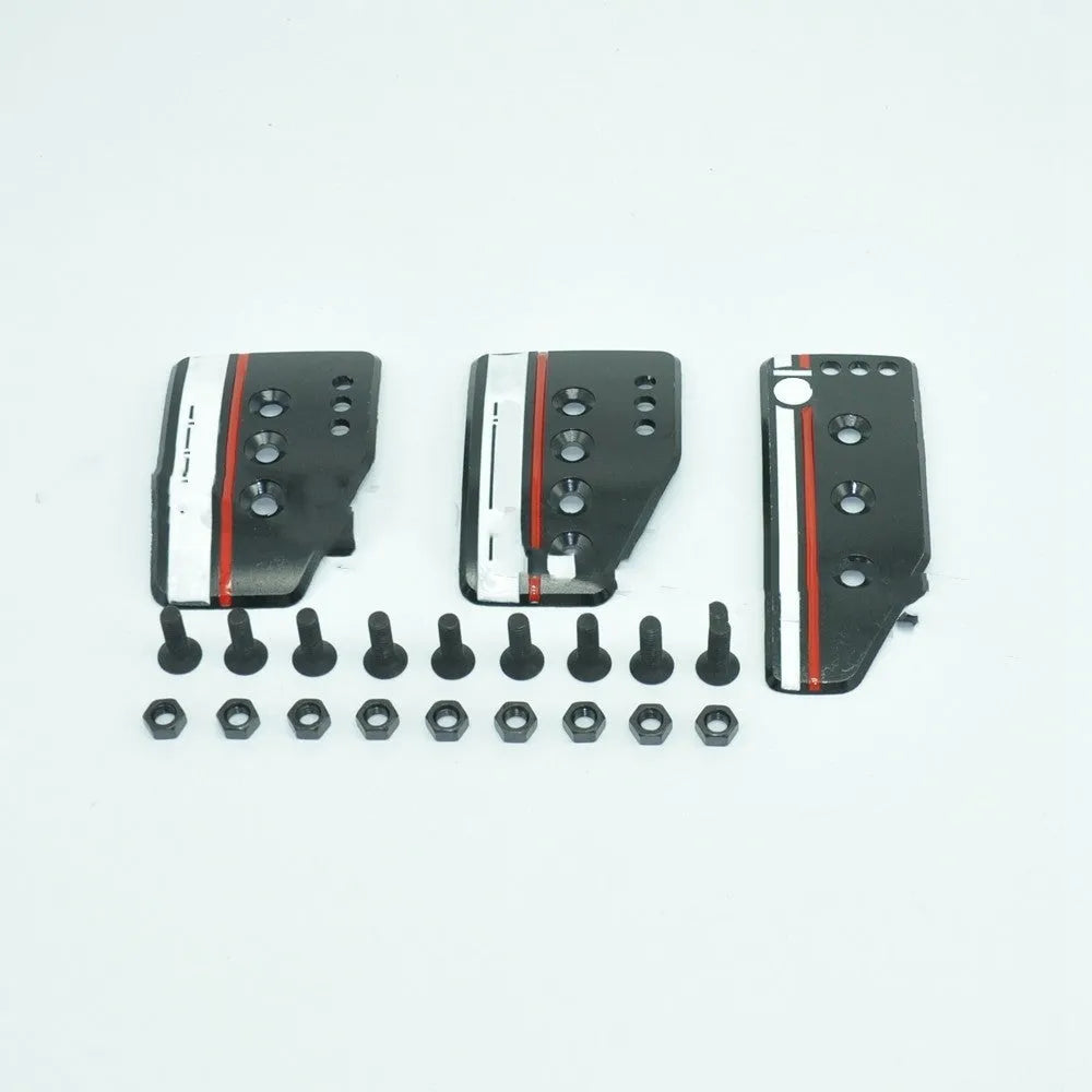 Aluminium alloy manual transmission car pedal set showing brake, clutch and accelerator pedals with mounting hardware