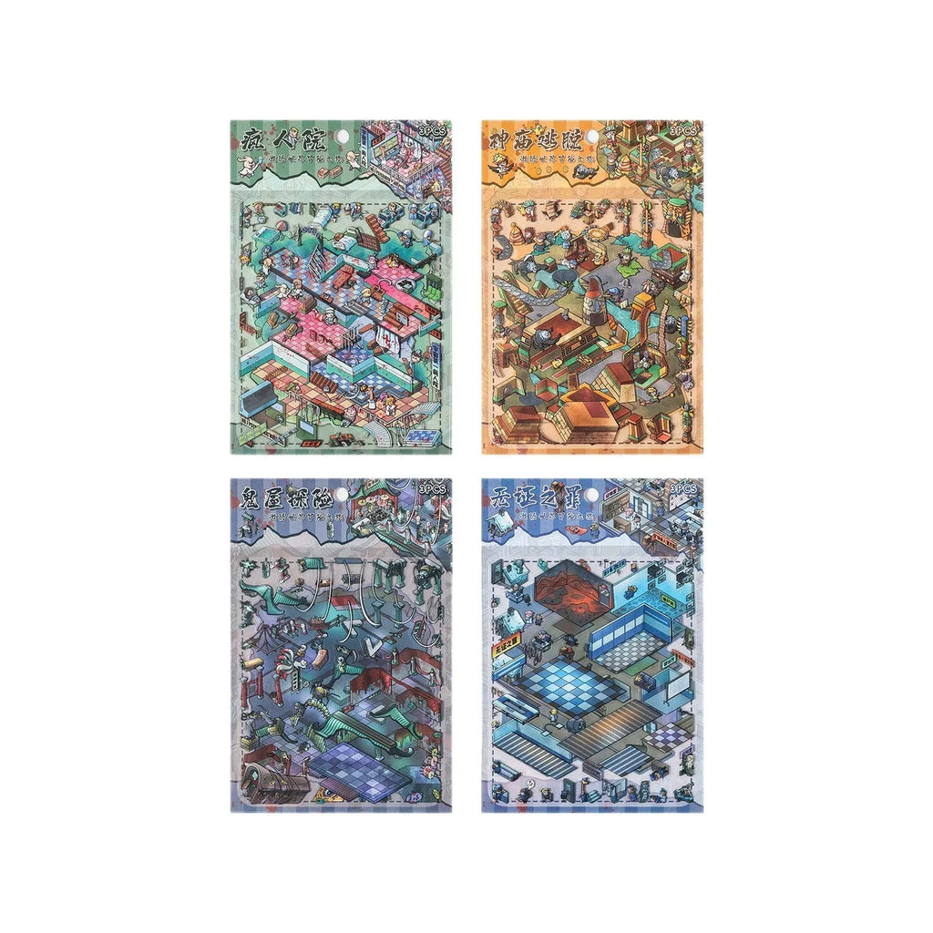 Micro Fear World miniature scene sticker sheet with four cartoon horror themes on PET material