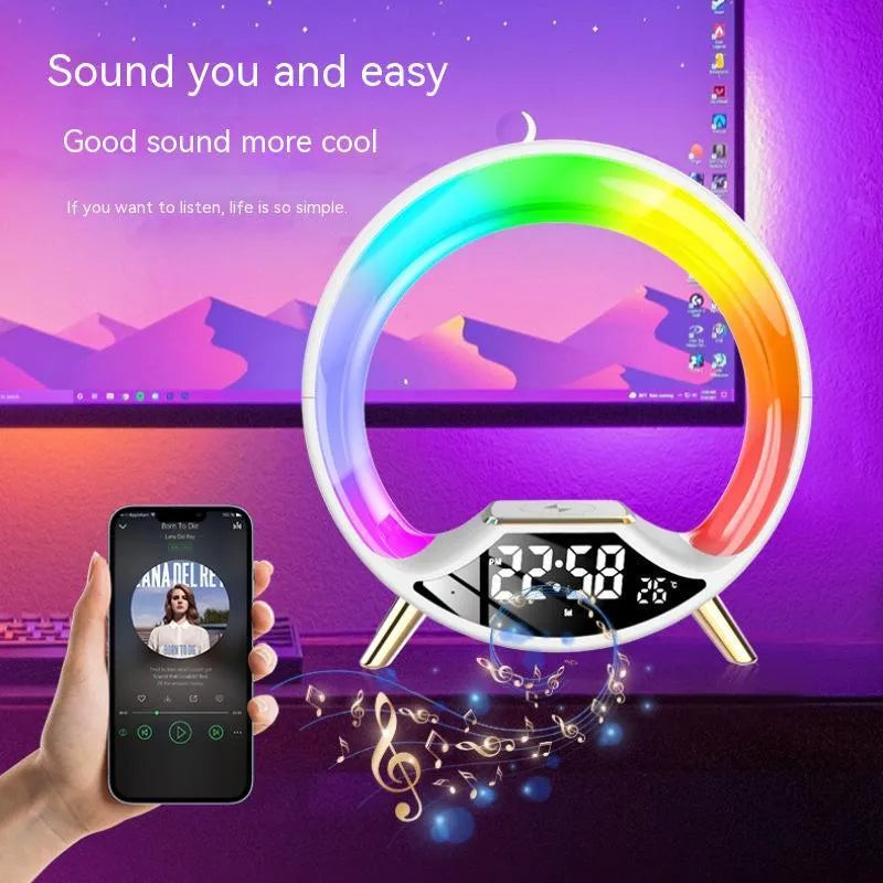 Black multifunctional table lamp with wireless charging pad, Bluetooth speaker, clock display, and adjustable LED night light.