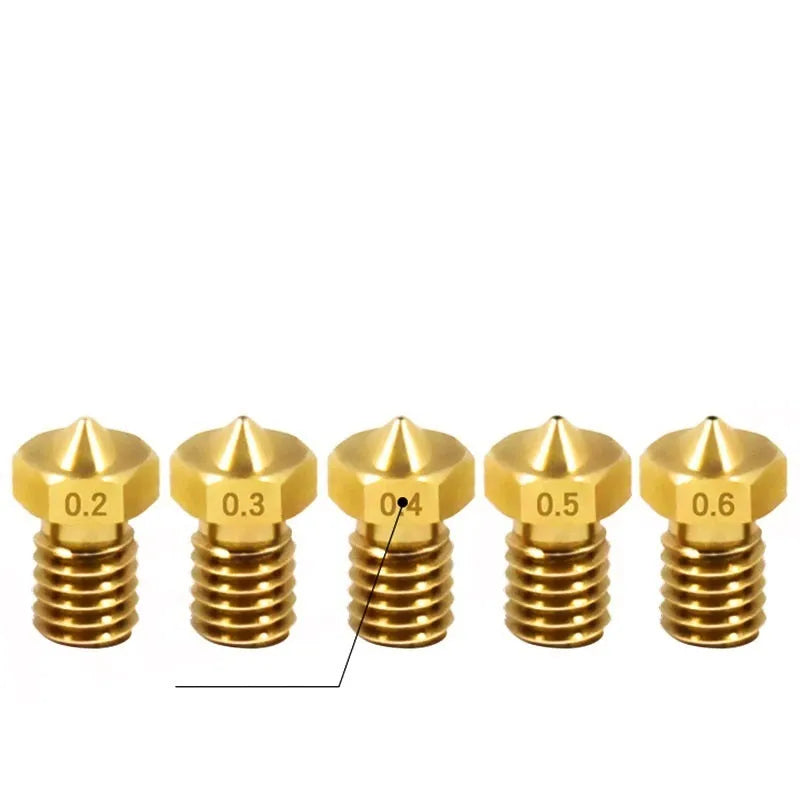 E3D style brass 3D printer nozzle with M6 thread showing multiple aperture size options