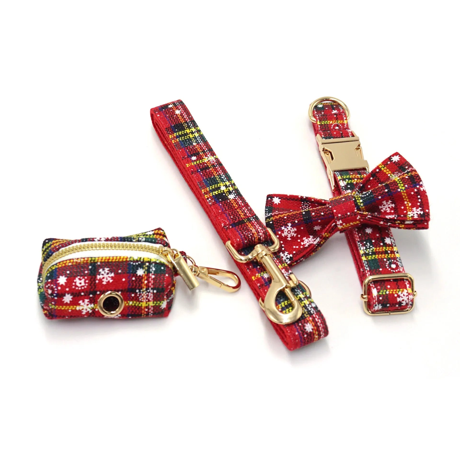 Red cloth Christmas dog collar and harness set with matching bow tie and waste bag holder on size tag