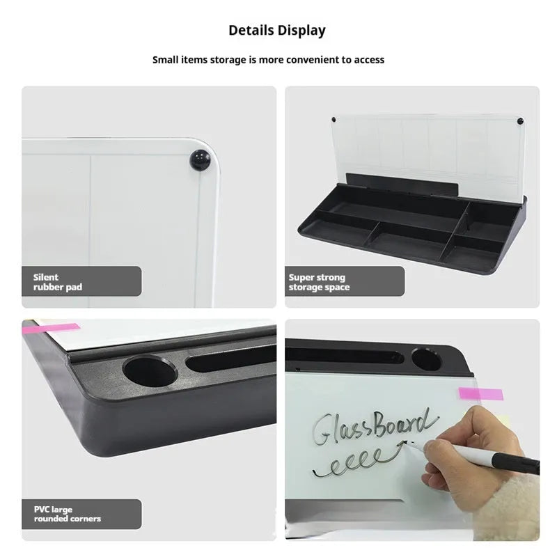 Black desktop glass whiteboard 18x40cm with smooth erasable surface for writing memos
